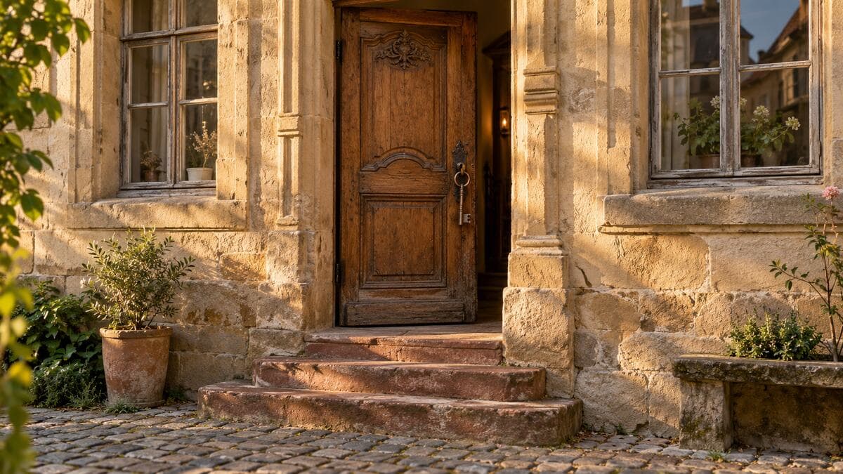 Denkmalschutz Immobilien kaufen: halb geöffnete, geschnitzte Eichentür eines denkmalgeschützten Sandstein-Stadthauses in einer süddeutschen Altstadt, im Schloss steckt ein alter Eisenschlüssel