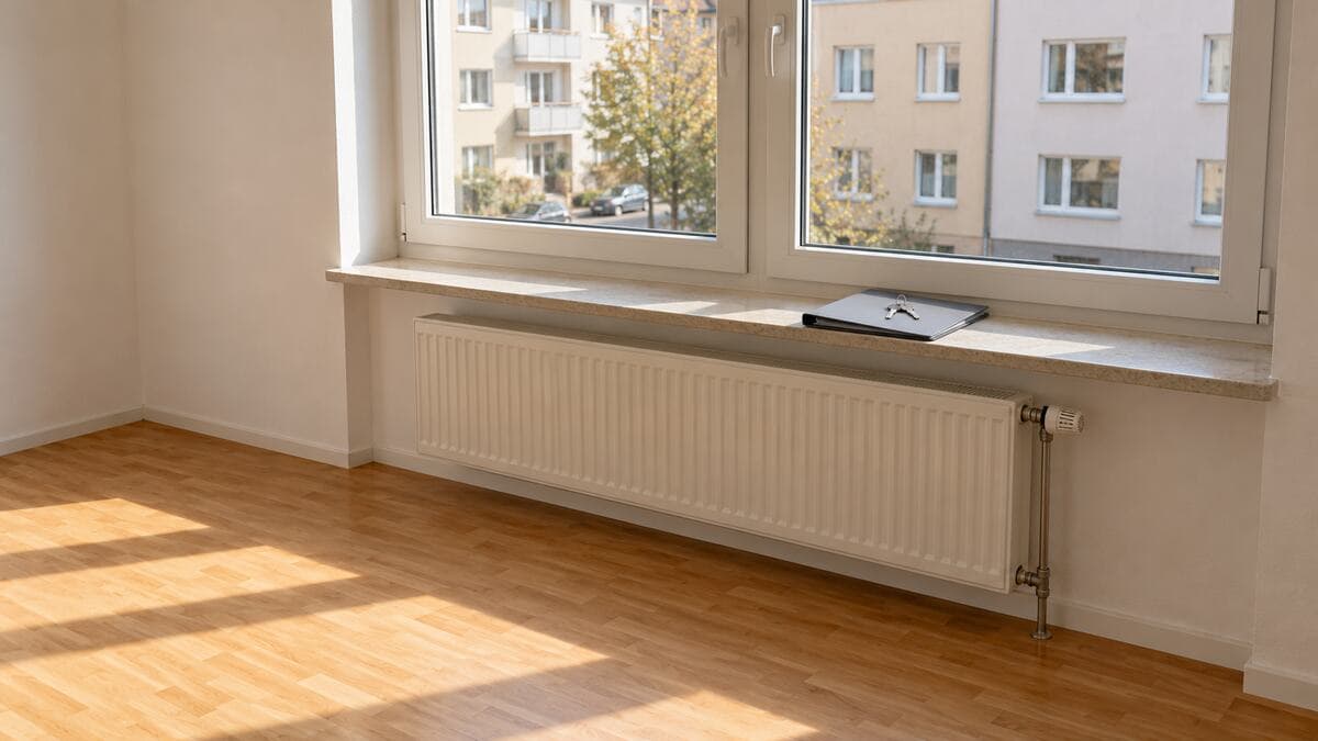Energieausweis Pflicht bei Vermietung: leere, frisch gestrichene Mietwohnung der Sechzigerjahre mit altem Plattenheizkörper, auf der Fensterbank eine graue Mappe und ein Wohnungsschlüssel