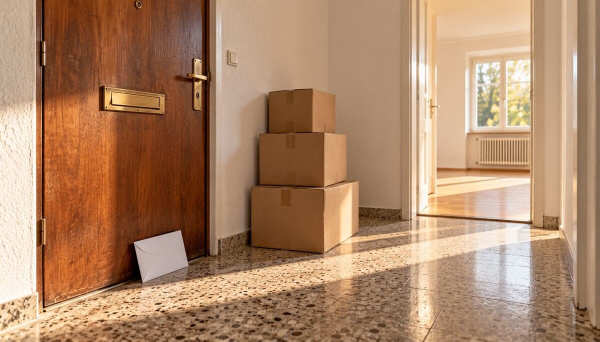 Grunderwerbsteuer absetzen nach dem Hauskauf: Flur einer leeren Altbauwohnung aus den Fünfzigern mit Umzugskartons und einem Fensterumschlag auf dem Terrazzoboden