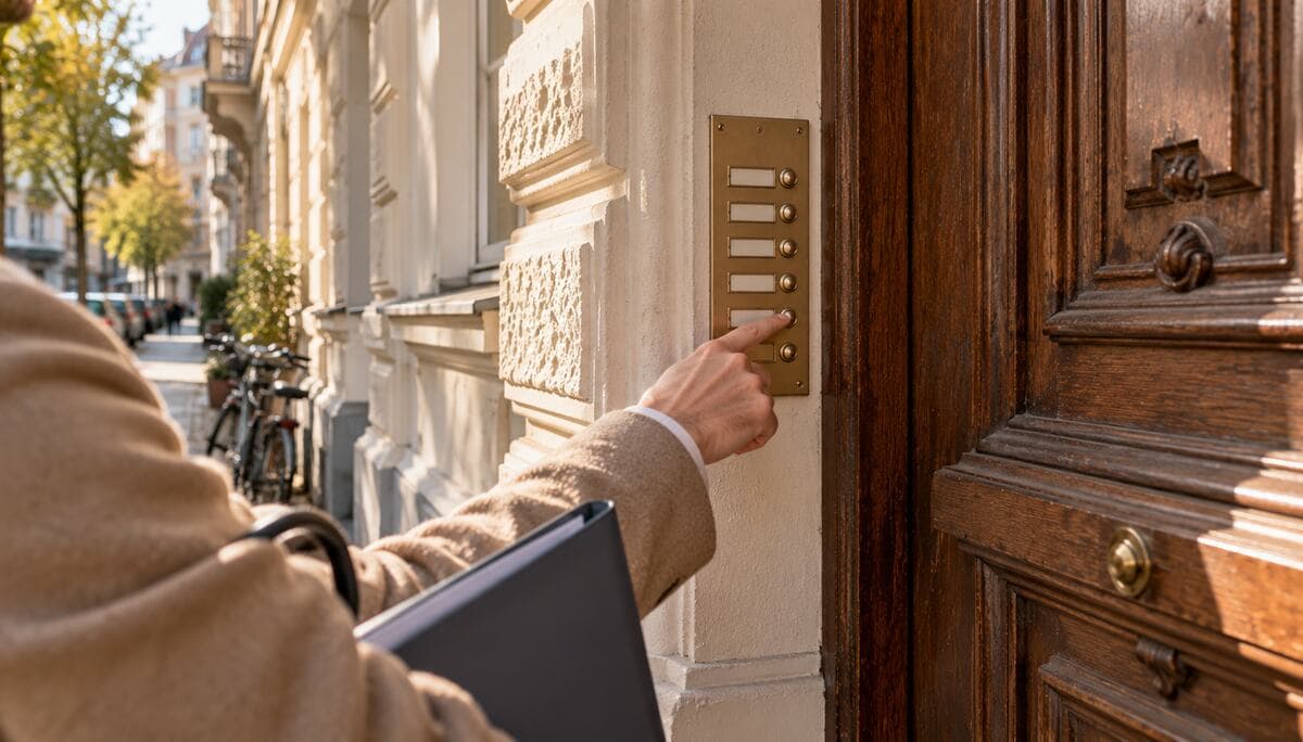 Haus mit Mieter kaufen: Hand vor dem Klingelschild mit sechs leeren Tasten neben der Holztür eines sanierten Gründerzeithauses, eine Mappe unter dem Arm