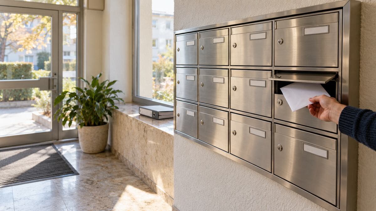 Hausgeld auf Mieter umlegen: Eingangsbereich einer gepflegten Wohnanlage aus den Siebzigern, eine Hand im dunkelblauen Pulloverärmel zieht einen dicken weißen Umschlag aus einem Edelstahlbriefkasten, daneben liegt ein Aktenordner auf der Fensterbank