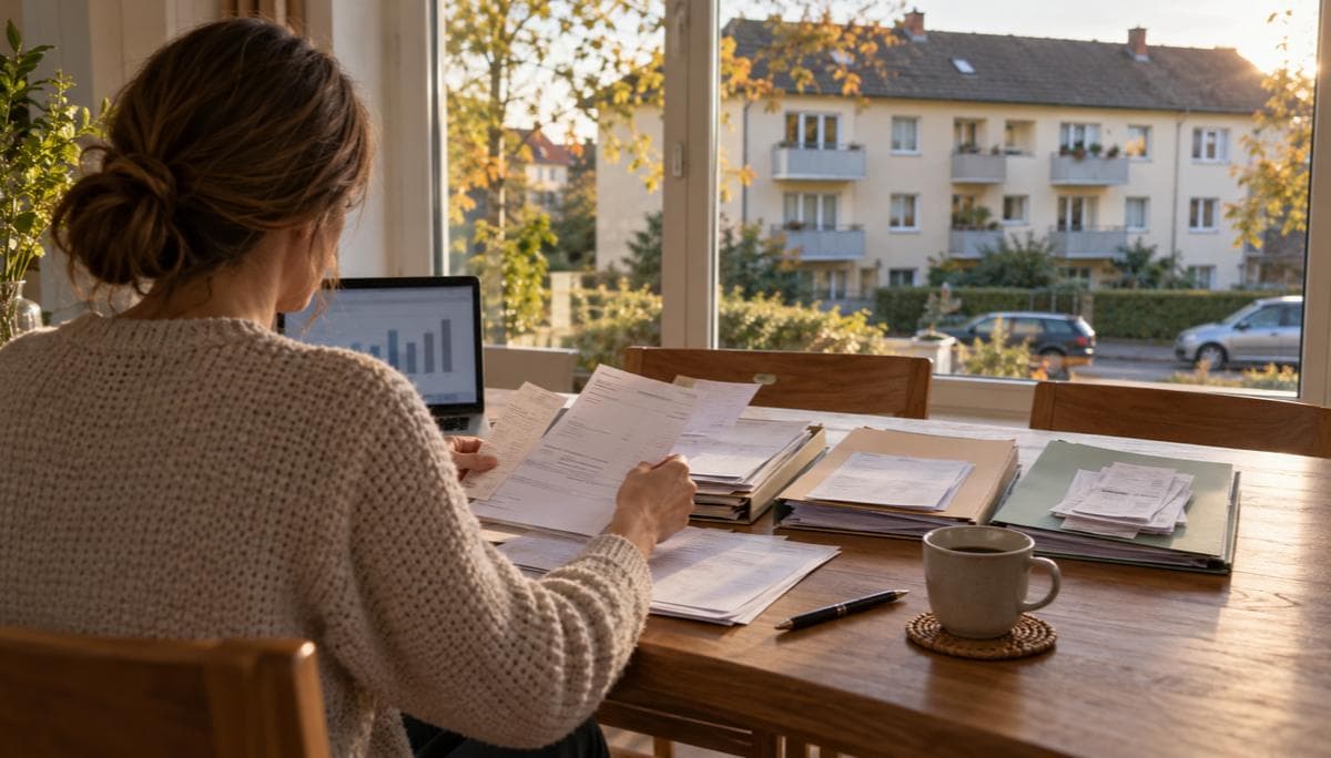 Vermieterin sortiert am Esstisch Mietbelege in Mappen, um ihre Mieteinnahmen zu versteuern, draußen ein Mehrfamilienhaus