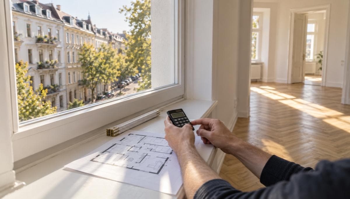 Mietrendite berechnen: Hände mit Taschenrechner über einem Grundriss am Fenster einer leeren, frisch gestrichenen Wohnung