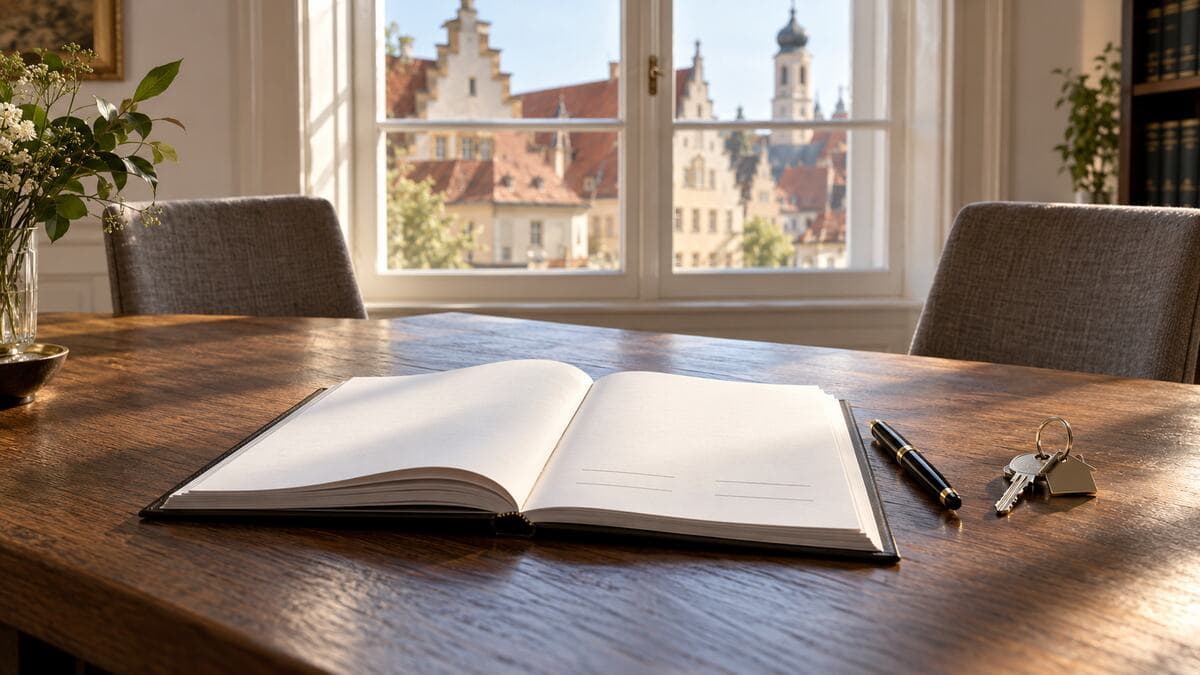 Notarkosten Hauskauf: Besprechungstisch in einem Notariat mit aufgeschlagenem Kaufvertrag, Füller und Hausschlüsseln, dahinter Sprossenfenster mit Blick auf Giebelhäuser einer Altstadt