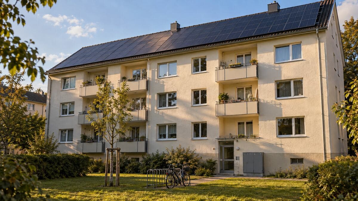 PV Strom an Mieter verkaufen: vierstöckiges Mehrfamilienhaus der 1960er-Jahre mit Solarmodulen auf dem Satteldach, vom begrünten Innenhof aus gesehen