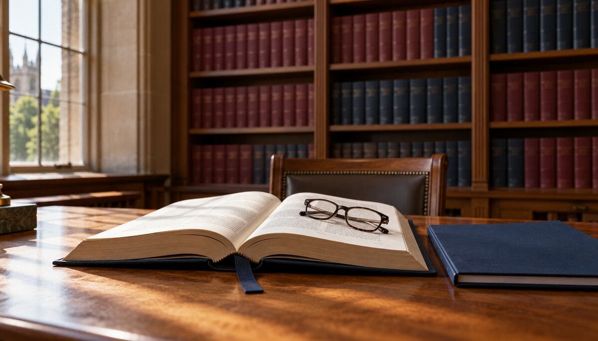 Restnutzungsdauer Urteile: Lesetisch in einer Fachbibliothek mit aufgeschlagenem Band, Lesebrille und Gutachtenmappe, dahinter Regale mit gebundenen Jahrgängen