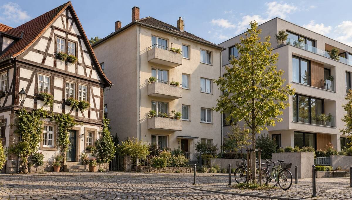 Steuern sparen mit Immobilien: Straßenecke in einer deutschen Kleinstadt mit denkmalgeschütztem Fachwerkhaus, Mehrfamilienhaus aus den Sechzigern und modernem Neubau