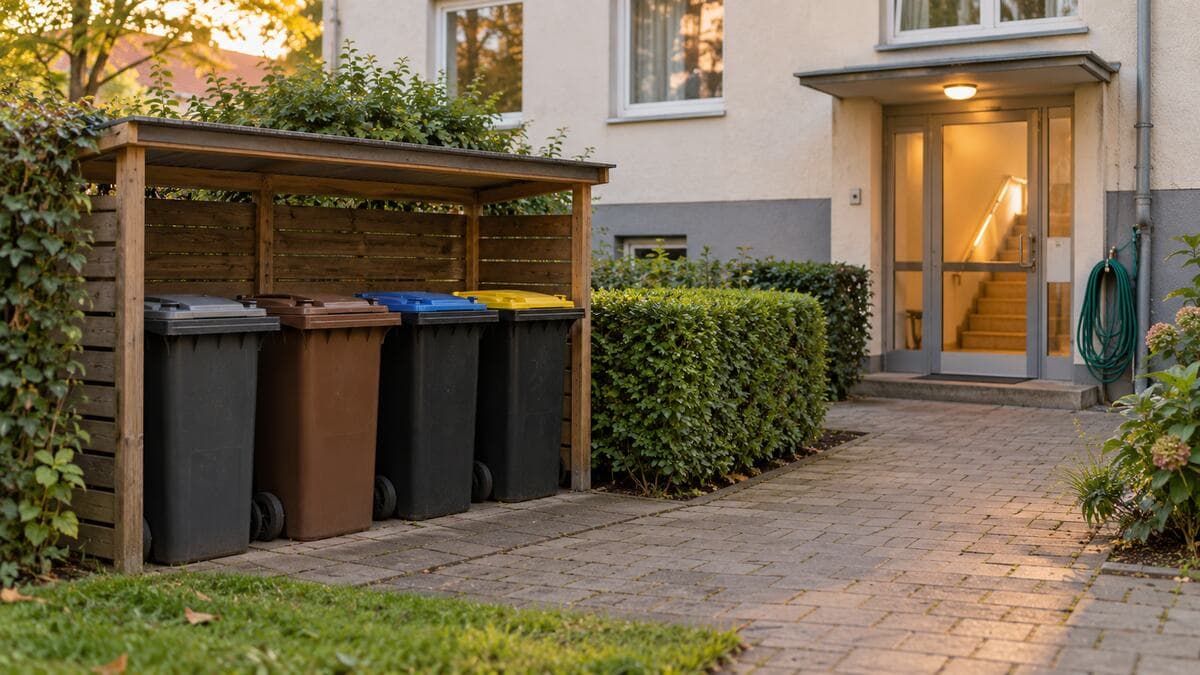 Umlagefähige Nebenkosten im Hinterhof eines Mehrfamilienhauses: vier Mülltonnen mit grauem, braunem, blauem und gelbem Deckel unter einem Holzunterstand, gepflegte Hecke und beleuchteter Hauseingang