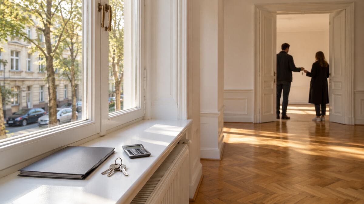 Maklerprovision bei der Wohnungsübergabe: Besichtigung einer leeren, frisch renovierten Altbauwohnung mit grauer Mappe, Taschenrechner und Schlüsselbund auf der Fensterbank, im Türrahmen übergibt ein Makler einem Käufer die Schlüssel