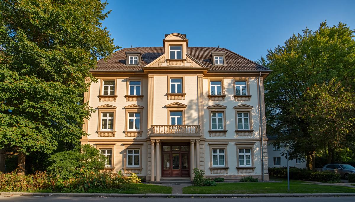 Frisch kernsaniertes mehrgeschossiges Mehrfamilienhaus im Altbaustil mit heller Fassade, Mansarddach und symmetrischen Fenstern bei Sonnenschein